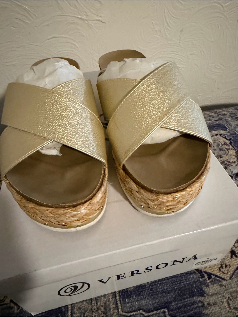 Versona Metallic Gold Crisscross Espadrille Wedge Sandals